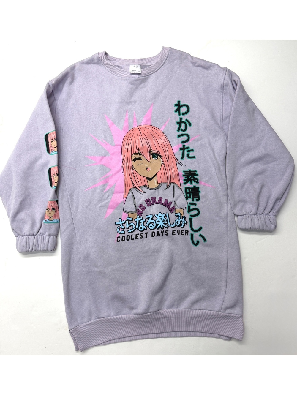 Zara Girls Lavender Purple Anime Manga Graphic Sweatshirt Tunic Dress Size 11-12